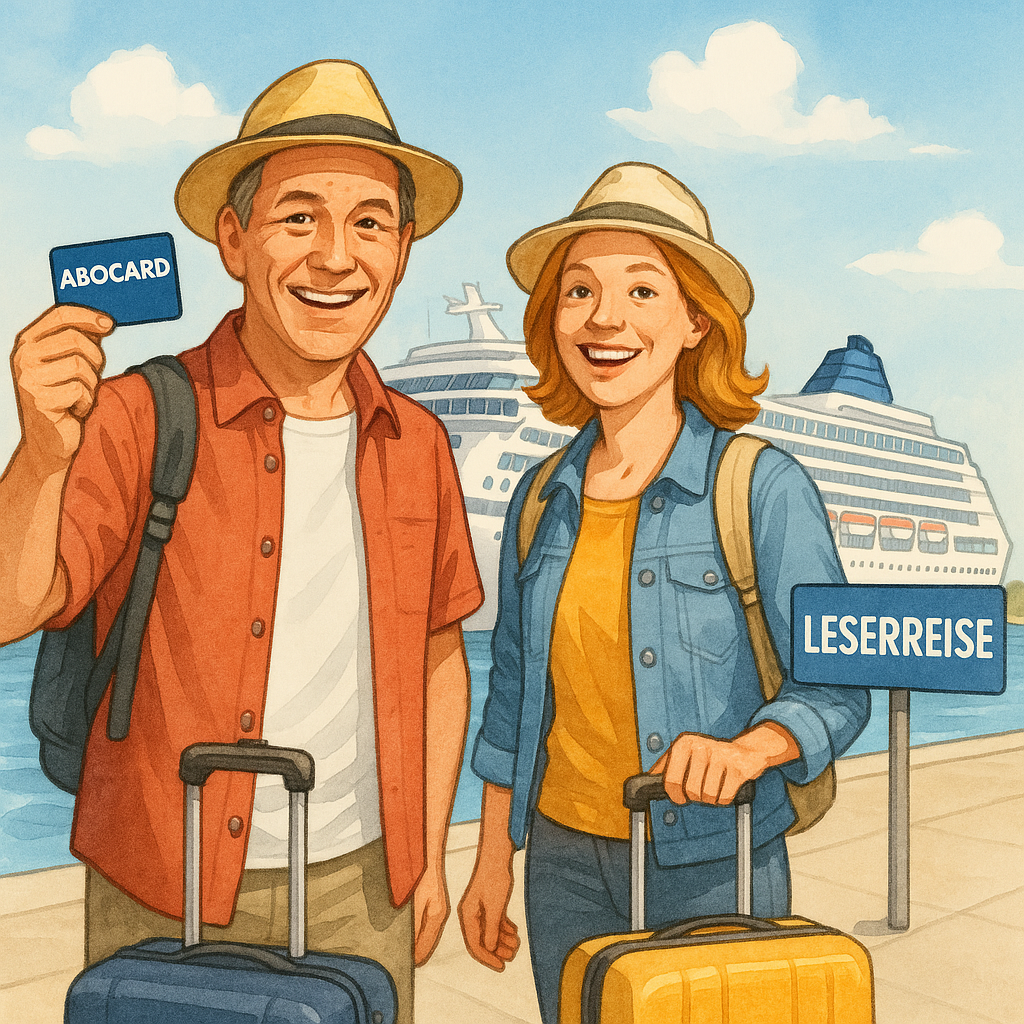Illustration von einem Paar, das mit Koffer und ABOCARD in der Hand vor einem Kreuzfahrtschiff steht